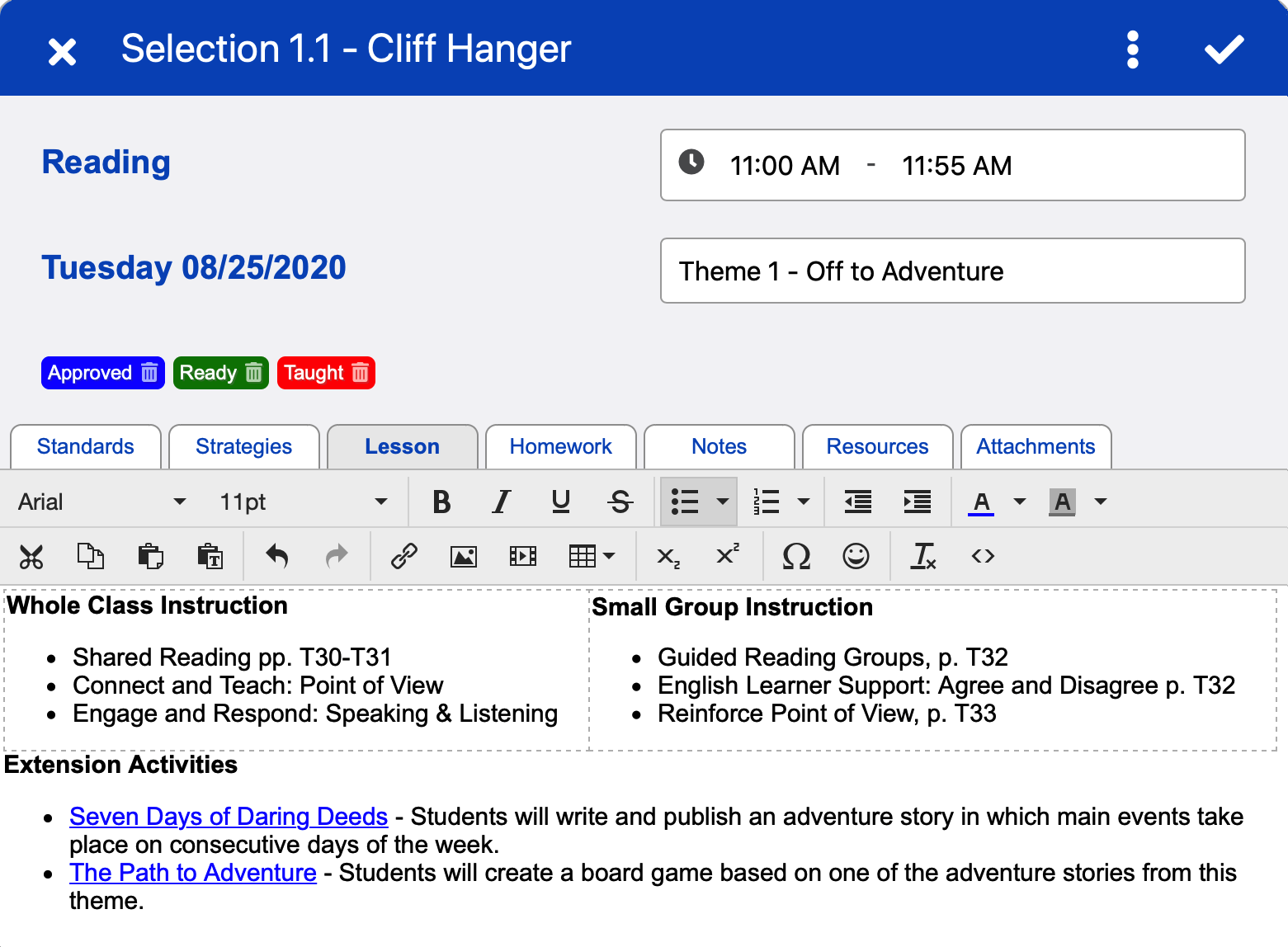 Planbook Lesson Editor